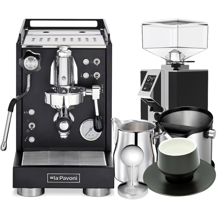 La Pavoni Mini Cellini Sort LPSMCB01EU Inkl. Eureka Mignon Turbo Espressokværn, Baristaudstyr & Latte Kop