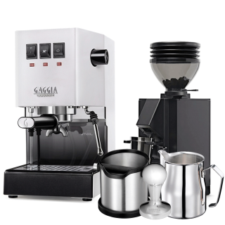 Gaggia Classic E24 Hvid Espressomaskine Inkl. Eureka Mignon Zero 55s & Baristaudstyr