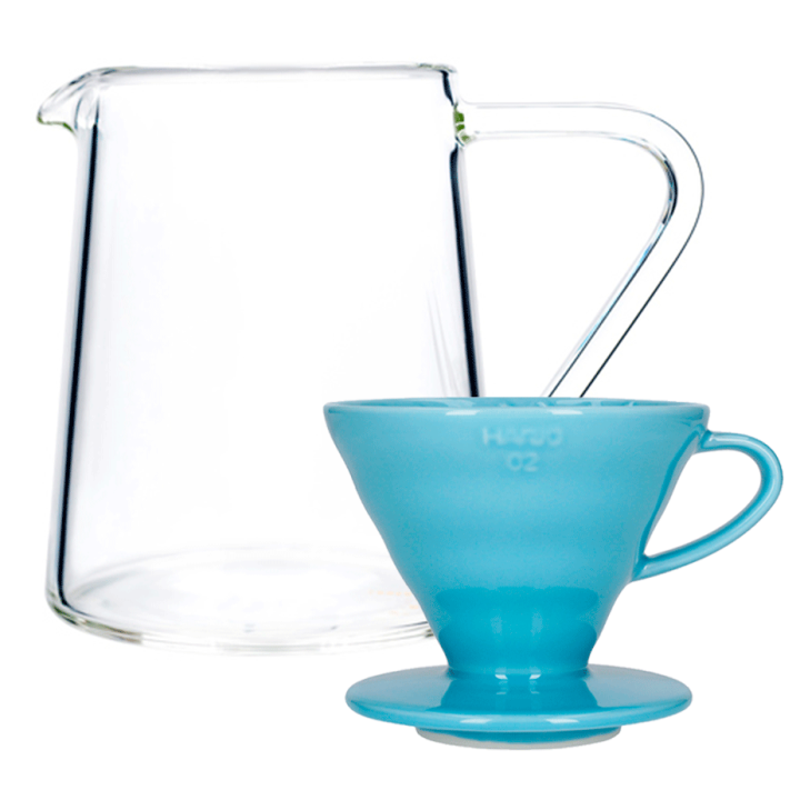 Hario V60-02 Keramik Dripper Lyseblå 2 Kop. Inkl. Loveramics Brewers Glaskande Tall 500 ml