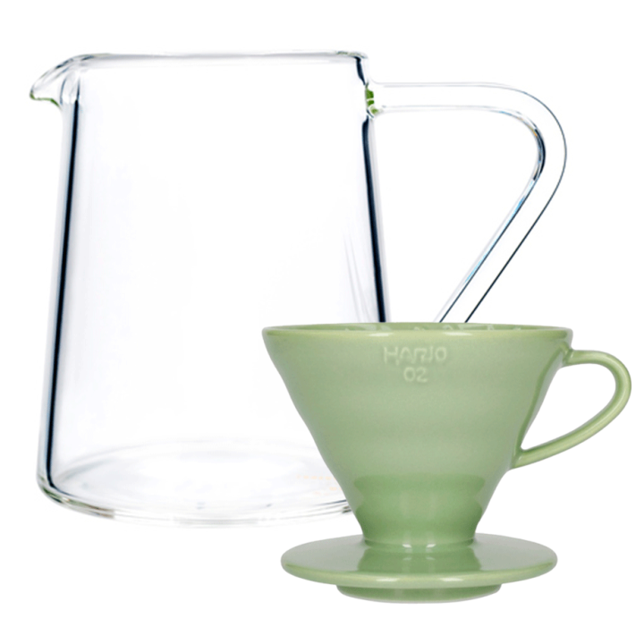 Hario V60-02 Keramik Dripper Smokey Grøn 2 Kop. Inkl. Loveramics Brewers Glaskande Tall 500 ml