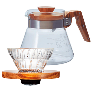 Hario V60 Coffee Server 0,6 L & Hario V60-02 Glas Dripper 2 Kop. Oliventræ