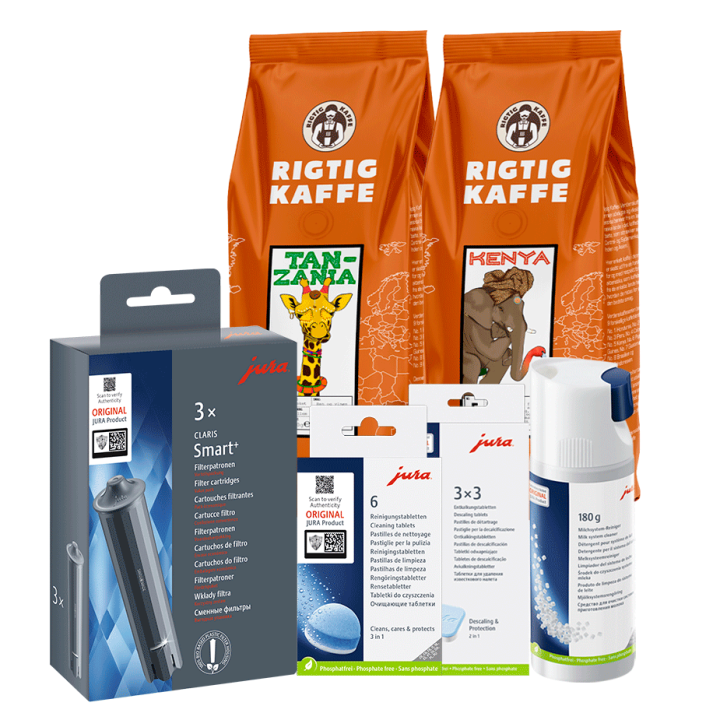 Jura Plejepakke - Claris Smart+ Filtre 3 stk, Rens, Afkalkning & 2x400g Rigtig Kaffe Hele kaffebønner