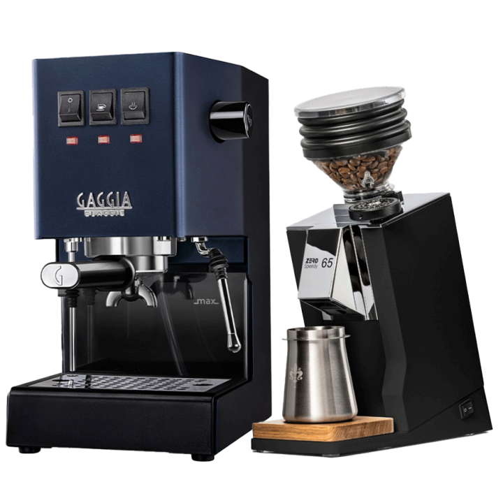 Gaggia Classic E24 Blå Espressomaskine Inkl. Eureka Mignon Zero 65 Speedy Espressokværn
