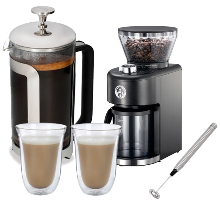 La Cafetière Roma 8 Kop. Stempelkande Rustfrit Stål, Kaffekværn, Latteglas og mælkeskummer La Cafetière Roma 8 Kop. Stempelkande Rustfrit Stål, Kaffekværn, Latteglas og mælkeskummer
