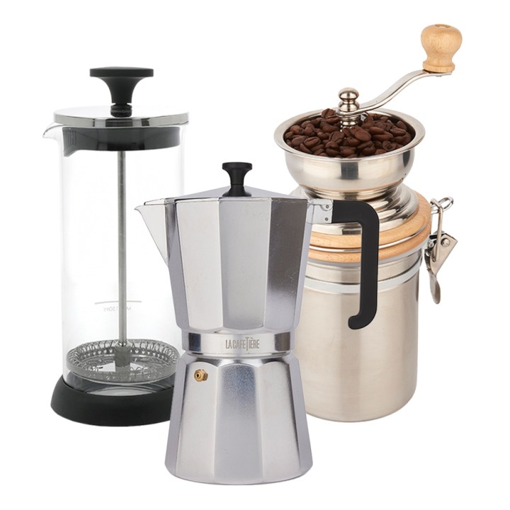 La Cafetière Venice 6 Kop. Espressokande Stål Inkl. La Cafetière Manuel Kaffemølle Stål & La Cafetière Mælkeskummer Glas/Sort La Cafetière Venice 6 Kop. Espressokande Stål Inkl. La Cafetière Manuel Kaffemølle Stål & La Cafetière Mælkeskummer Glas/Sort