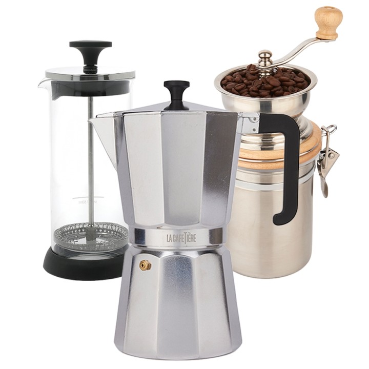 La Cafetière Venice 12 Kop. Espressokande Stål Inkl. La Cafetière Manuel Kaffemølle Stål & La Cafetière Mælkeskummer Glas/Sort La Cafetière Venice 12 Kop. Espressokande Stål Inkl. La Cafetière Manuel Kaffemølle Stål & La Cafetière Mælkeskummer Glas/Sort