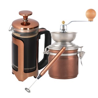 La Cafetière Roma 3 Kop. Stempelkande Kobber Inkl. Manuel Kaffemølle & Mælkeskummer