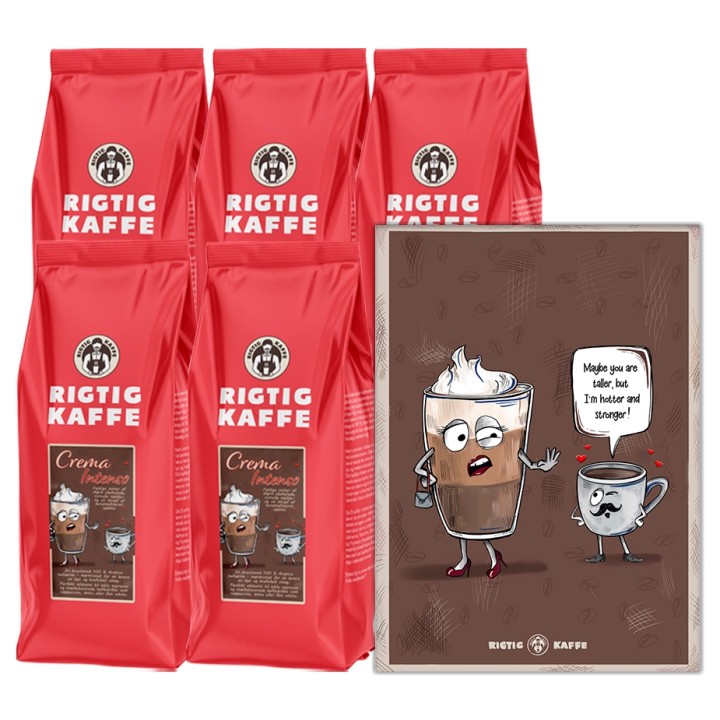 Rigtig Kaffe Crema Intenso 5kg Hele kaffebønner Inkl. Kaffeplakat Rigtig Kaffe HOTTER & STRONGER 21x30cm Rigtig Kaffe Crema Intenso 5kg Hele kaffebønner Inkl. Kaffeplakat Rigtig Kaffe HOTTER & STRONGER 21x30cm