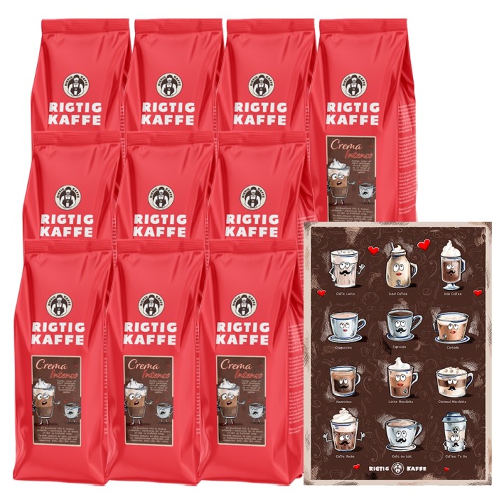 Rigtig Kaffe Crema Intenso 10kg Hele kaffebønner Inkl. Kaffeplakat Rigtig Kaffe COFFEE DRINKS 50x70cm Rigtig Kaffe Crema Intenso 10kg Hele kaffebønner Inkl. Kaffeplakat Rigtig Kaffe COFFEE DRINKS 50x70cm