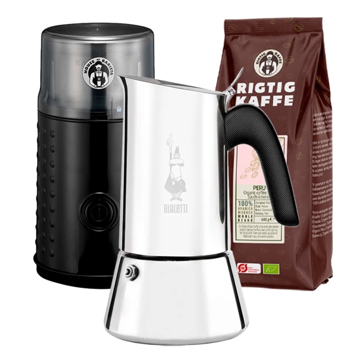 Bialetti Venus Elegance 6 Kop. Espressokande Stål Inkl. Elektrisk Kaffemølle & 400g Organic Hele kaffebønner Bialetti Venus Elegance 6 Kop. Espressokande Stål Inkl. Elektrisk Kaffemølle & 400g Organic Hele kaffebønner