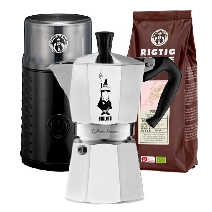 Bialetti Moka Express 6 Kop. Espressokande Alu Inkl. Elektrisk Kaffemølle & Rigtig Kaffe Organic Peru 400g Hele kaffebønner Bialetti Moka Express 6 Kop. Espressokande Alu Inkl. Elektrisk Kaffemølle & Rigtig Kaffe Organic Peru 400g Hele kaffebønner
