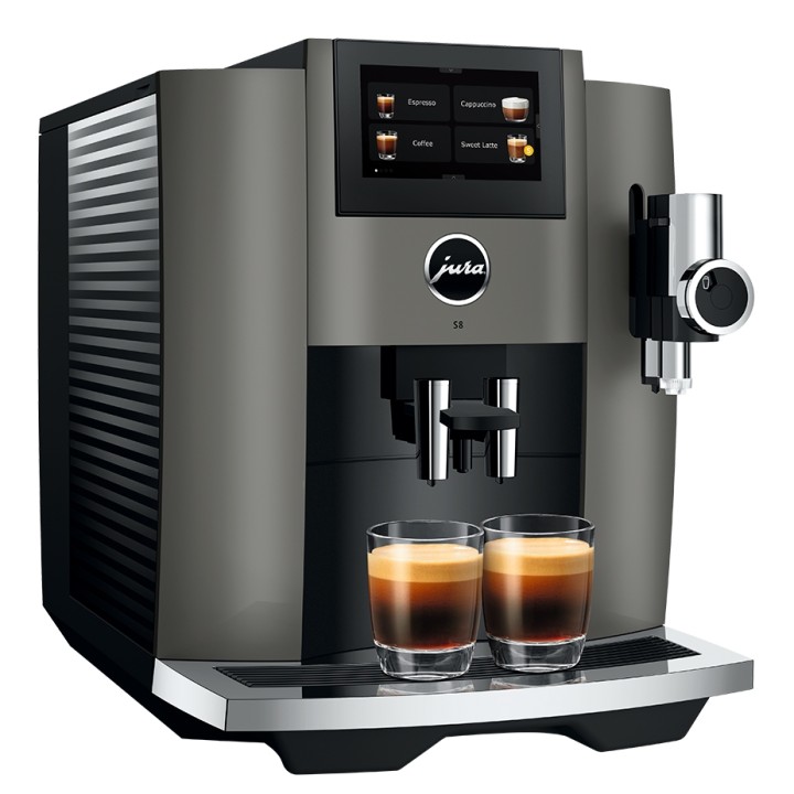 Jura S8 (EB) Dark Inox Espressomaskine Inkl. Startpakke DK sprog, Mælkebeholder, 6kg Rigtig Kaffe & Pleje