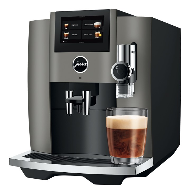 Jura S8 (EB) Dark Inox Espressomaskine Inkl. Startpakke DK sprog, Mælkebeholder, 6kg Rigtig Kaffe & Pleje