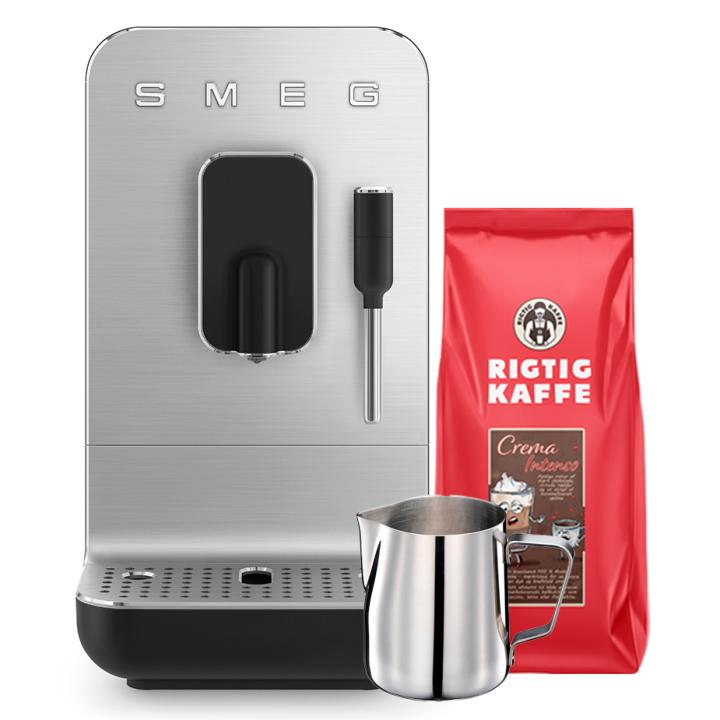 Smeg BCC12BLMEU Espressomaskine Sort Inkl. Mælkekande 0,35L & Rigtig Kaffe Crema Intenso 1kg Hele kaffebønner Smeg BCC12BLMEU Espressomaskine Sort Inkl. Mælkekande 0,35L & Rigtig Kaffe Crema Intenso 1kg Hele kaffebønner
