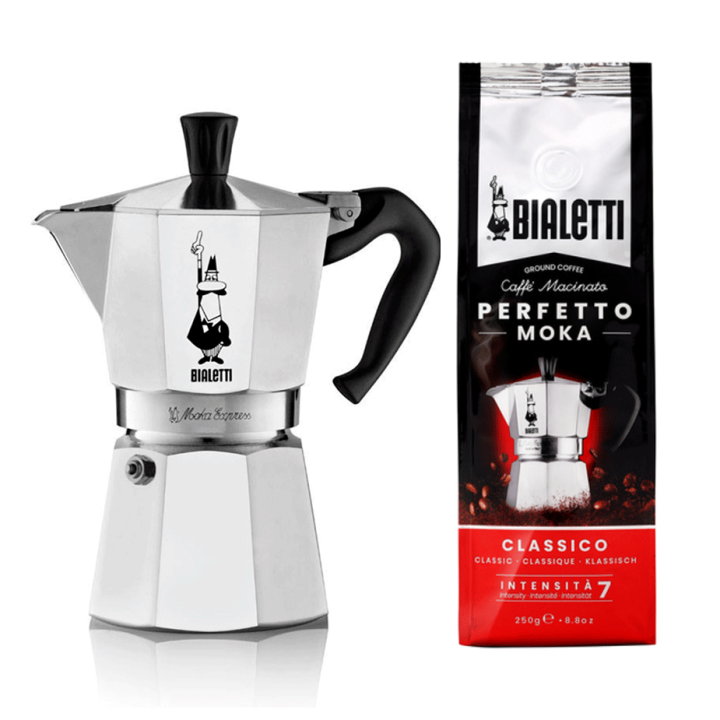 Bialetti Moka Express 6 Kop. Espressokande Alu Inkl. Perfetto Moka Classico Malet kaffe 250g Bialetti Moka Express 6 Kop. Espressokande Alu Inkl. Perfetto Moka Classico Malet kaffe 250g