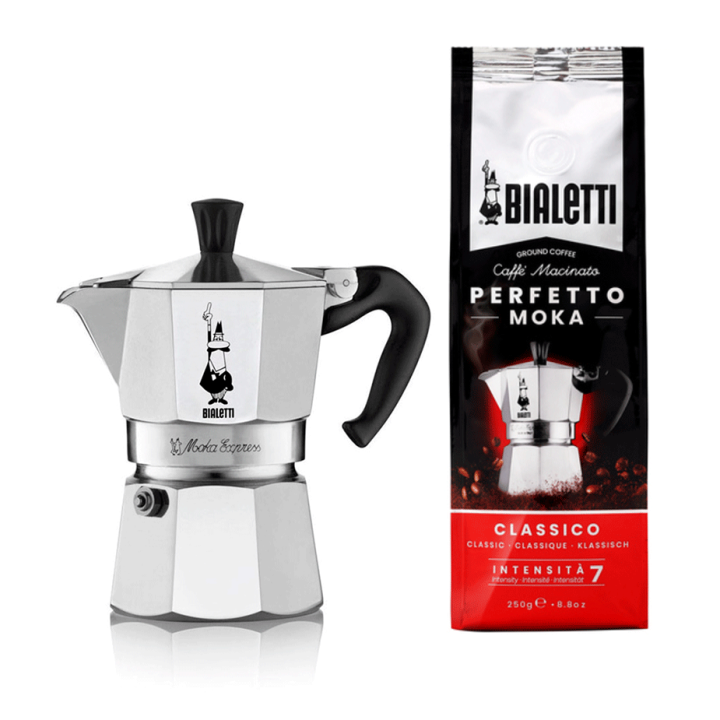 Bialetti Moka Express 3 Kop. Espressokande Alu Inkl. Bialetti Perfetto Moka Classico Malet kaffe 250g Bialetti Moka Express 3 Kop. Espressokande Alu Inkl. Bialetti Perfetto Moka Classico Malet kaffe 250g