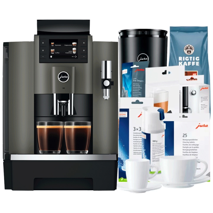 Jura W8 (EA) Espressomaskine Inkl. 2,5L Cooler, Pleje, Kopper & 6kg Kaffe Jura W8 (EA) Espressomaskine Inkl. 2,5L Cooler, Pleje, Kopper & 6kg Kaffe