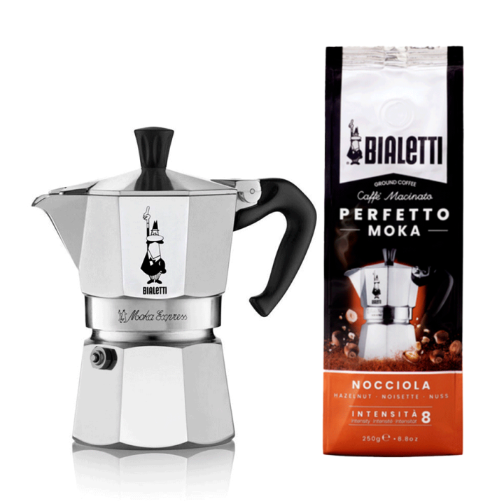 Bialetti Moka Express 4 Kop. Espressokande Inkl. Bialetti Perfetto Moka Nocciola 250g Malet Kaffe Bialetti Moka Express 4 Kop. Espressokande Inkl. Bialetti Perfetto Moka Nocciola 250g Malet Kaffe