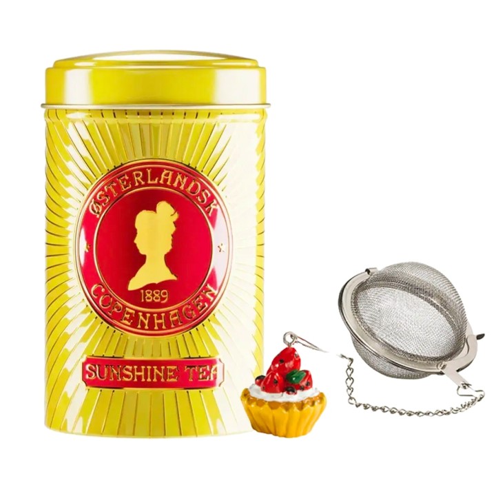 Tea infuser on a chain with cupcake figurine, including Oriental Tea House Sunshine Tea 125 g