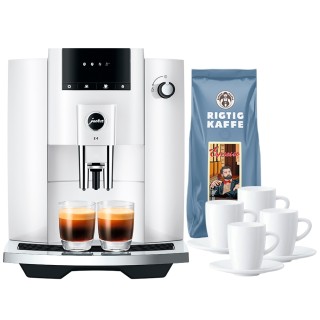 Jura E4 (EA) Piano White Espresso Machine Incl. Cups & 500g Rigtig Kaffe