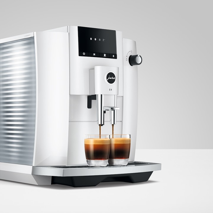 Jura E4 (EA) Piano White Espresso Machine Incl. Cups & 500g Rigtig Kaffe