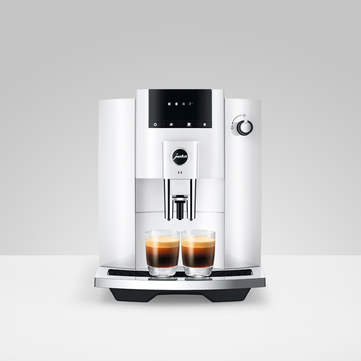 Jura E4 (EA) Piano White Espresso Machine Incl. Cups & 500g Rigtig Kaffe