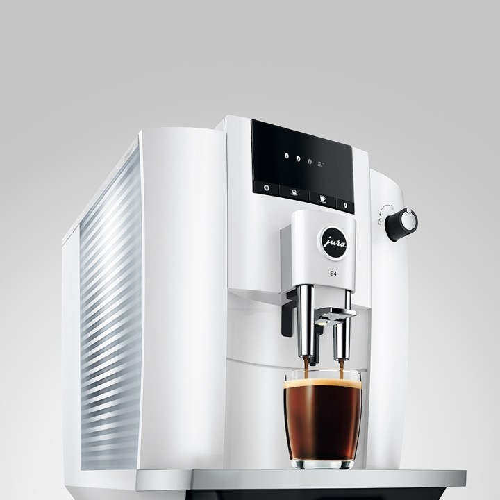 Jura E4 (EA) Piano White Espresso Machine Incl. Cups & 500g Rigtig Kaffe