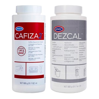 Urnex care pack consisting of 900g Cafiza2 backflush powder and 900g Dezcal descaling powder.