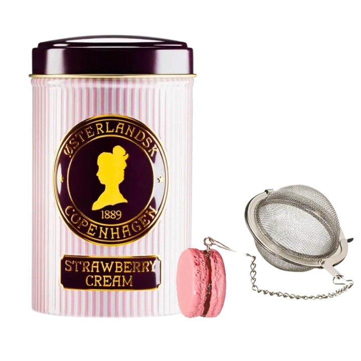 Tea infuser with chain and macaron figure incl. Østerlandsk Thehus Strawberry Cream 125g
