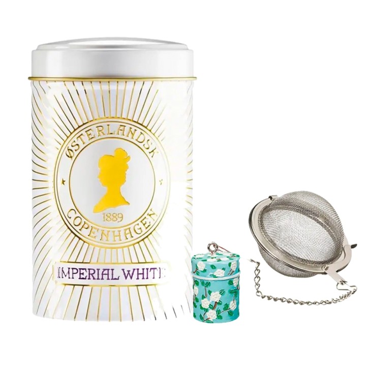 Tea infuser on chain with cookie-tin figure incl. Østerlandsk Thehus Imperial White 125g