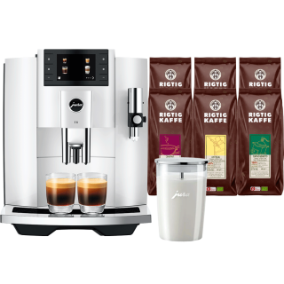 Jura E8 (EC) Piano White Espresso Machine Incl. Milk Container & 6x400g Rigtig Kaffe