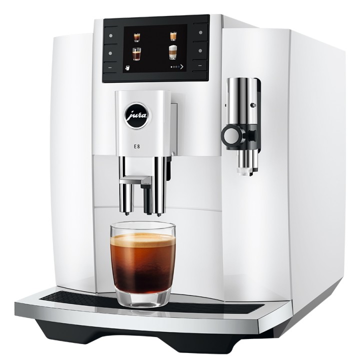 Jura E8 (EC) Piano White Espresso Machine Incl. Milk Container & 6x400g Rigtig Kaffe