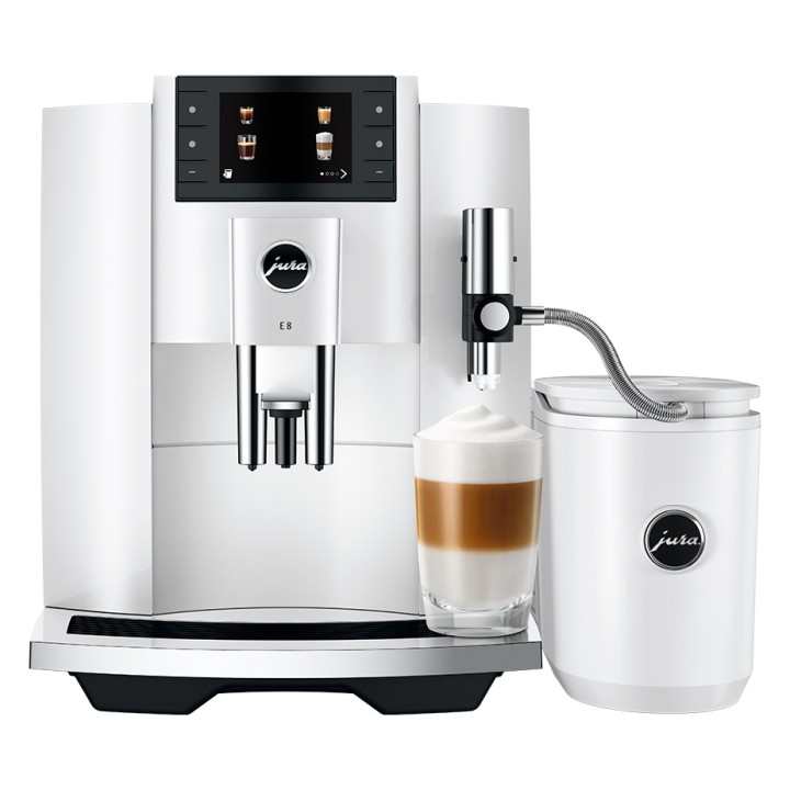 Jura E8 (EC) Piano White Espresso Machine Incl. Milk Container & 6x400g Rigtig Kaffe