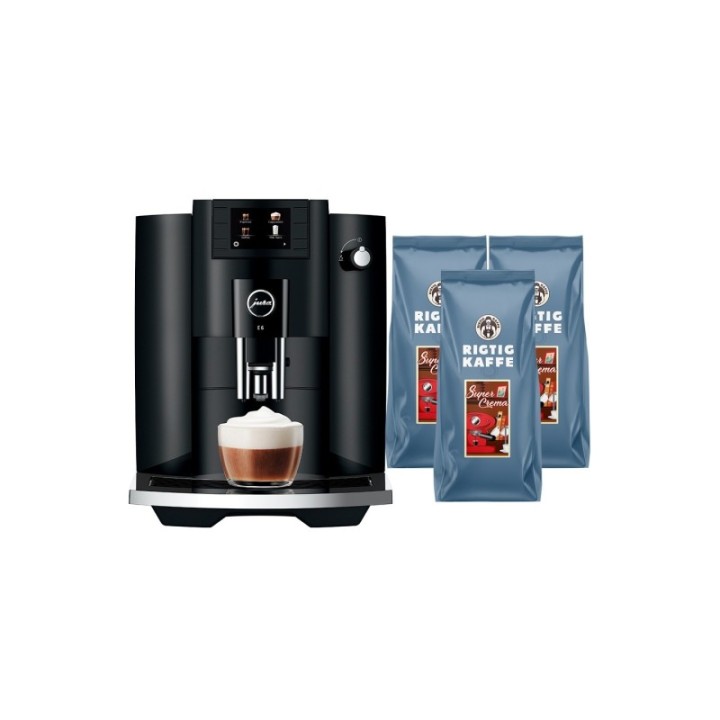 Jura E6 (EC) Piano Black Espresso Machine Incl. 3kg Rigtig Kaffe Super Crema