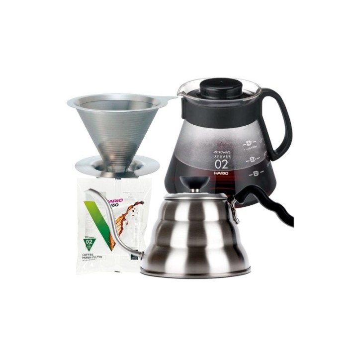 Hario Filterbryg Sæt Inkl. V60 Kettle Buono 100 1 L, Dripper 2 Kop, V60 Server & Filtre