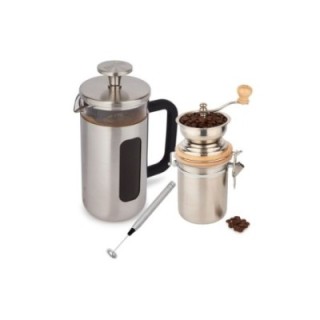 La Cafetière Pisa 3 Kop. Stempelkande Rustfrit Stål, Kaffemølle og mælkeskummer