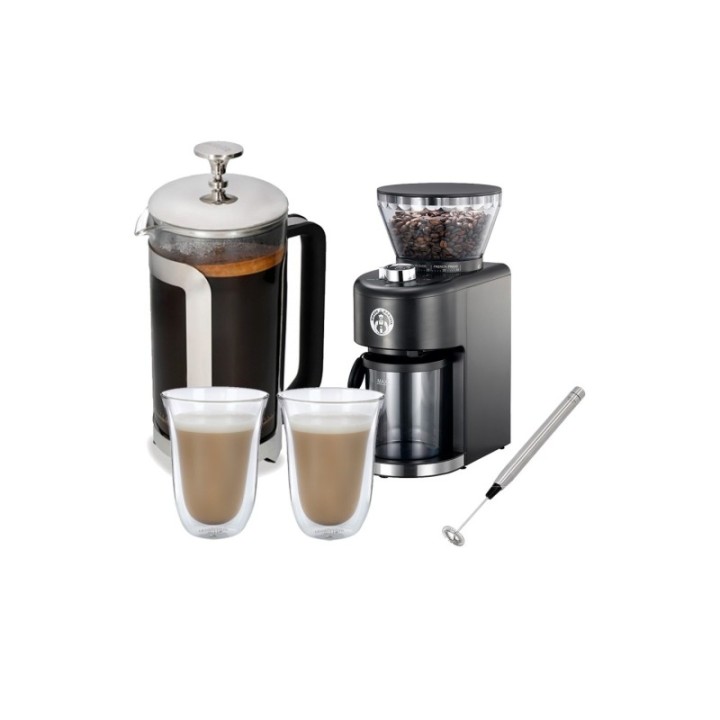 La Cafetière Roma 8 Kop. Stempelkande Rustfrit Stål, Kaffekværn, Latteglas og mælkeskummer