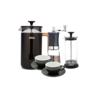 La Cafetière Pisa 3 Kop. Stempelkande Sort, Kaffemølle, Mælkeskummer og Club House Tulipano Cappuccino kopper