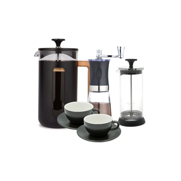 La Cafetière Pisa 3 Kop. Stempelkande Sort, Kaffemølle, Mælkeskummer og Club House Tulipano Cappuccino kopper