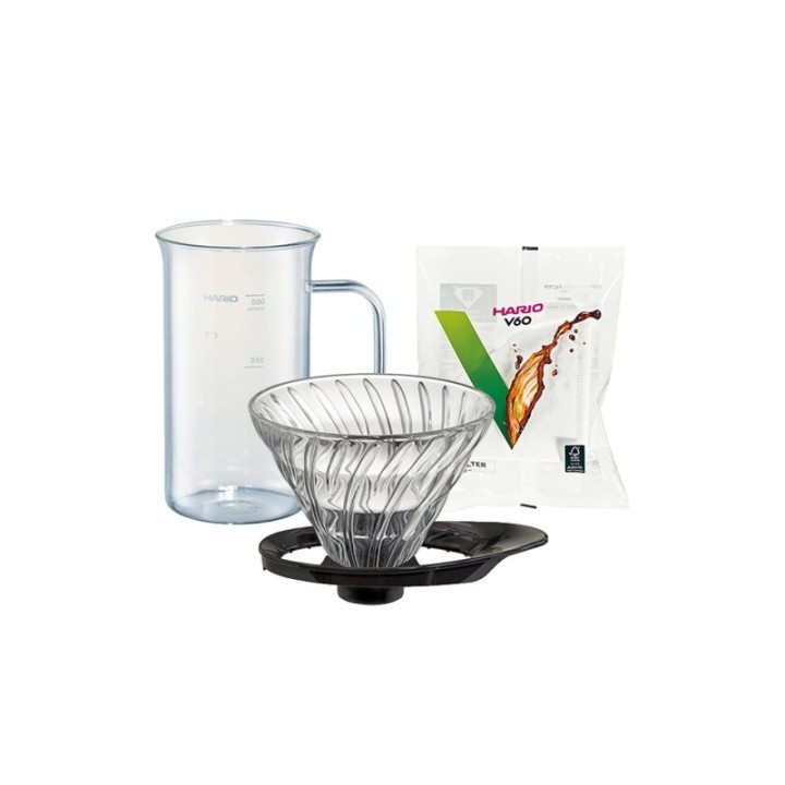 Hario V60-02 Glas Dripper Sort 2 Kop. Hario Craft Science Beaker Server 50 cl og Hario Papir Filtre 2 Kop. 100 Stk