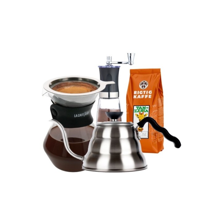 La Cafetière Pour Over 3 Kop., Hario V60 Kedel, Manuel Kaffemølle og 400g Hele kaffebønner