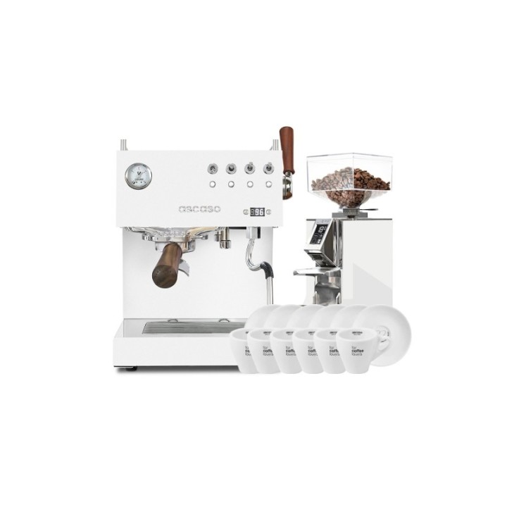 Ascaso Steel Duo Plus White Espressomaskine Inkl. Eureka Mignon Libra Chrome/Hvid Espressokværn & Cappuccinokopper