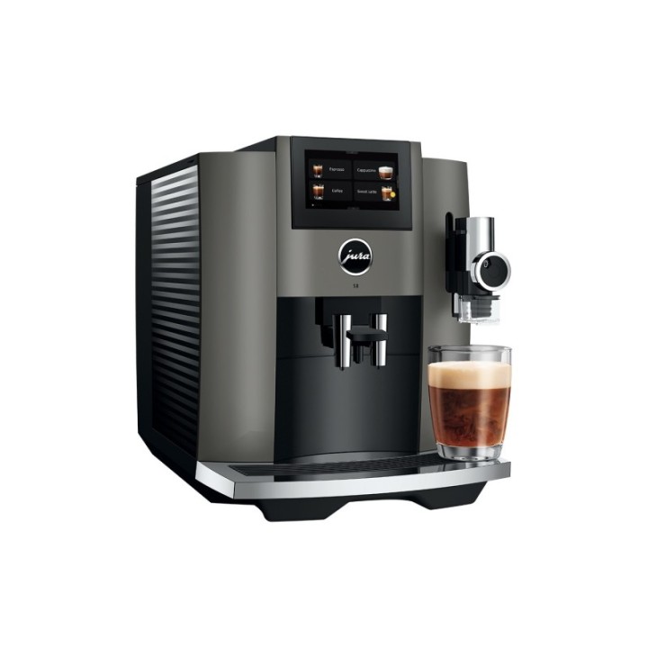 Jura S8 (EB) Dark Inox Espressomaskine Inkl. Startpakke DK sprog, Mælkebeholder, 6kg Rigtig Kaffe & Pleje