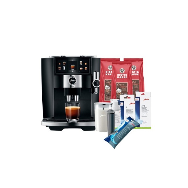 Jura J8 Twin (EA) Diamond Black Espressomaskine Inkl. Startpakke DK sprog, Inkl. Mælkebeholder, 3kg Rigtig Kaffe & Pleje