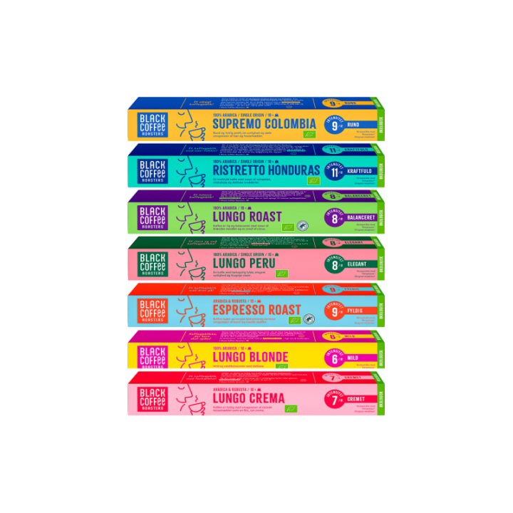 Black Coffee Roasters Mixpakke Øko Kaffekapsler 7x10 stk