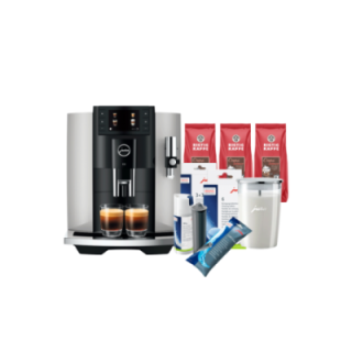 Jura E8 (EC) Platin Espressomaskine Inkl. Startpakke (DK sprog), Mælkebeholder, 3kg Rigtig Kaffe & Pleje