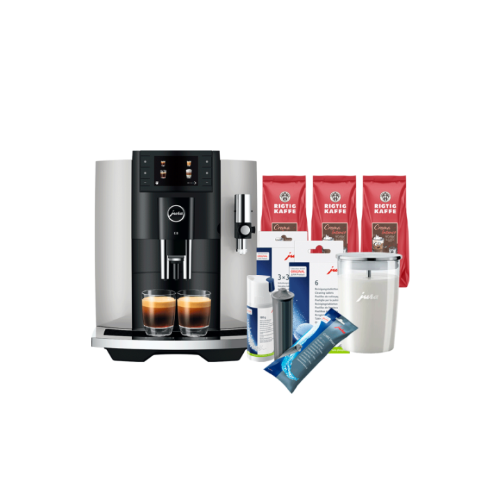 Jura E8 (EC) Platin Espressomaskine Inkl. Startpakke (DK sprog), Mælkebeholder, 3kg Rigtig Kaffe & Pleje