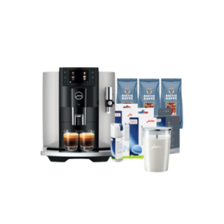 Jura E8 (EC) Platin Espressomaskine Inkl. Startpakke (DK sprog), Mælkebeholder, 3kg Rigtig Kaffe Super Crema & Pleje