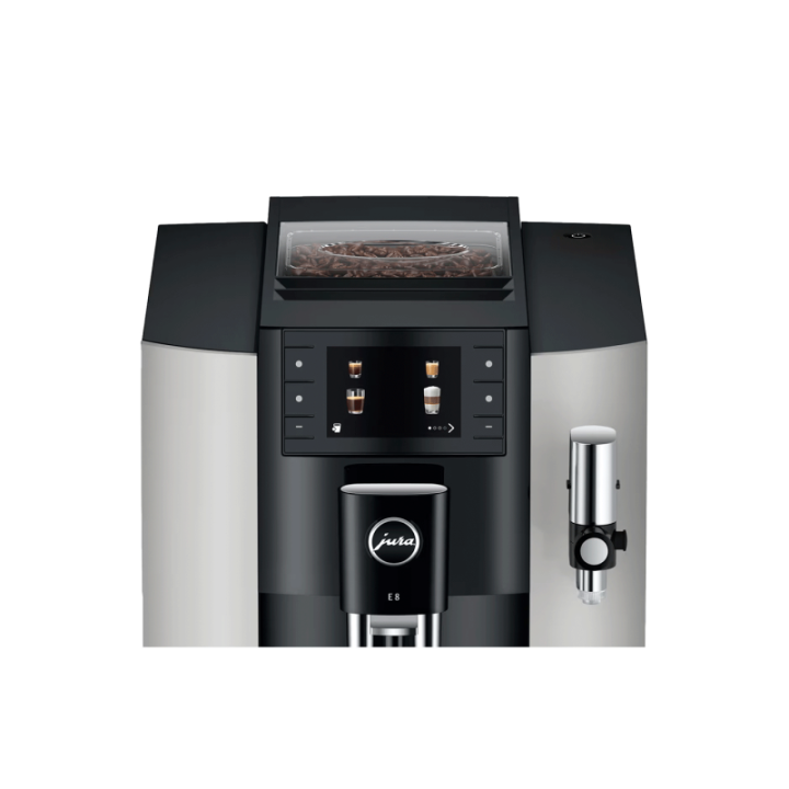 Jura E8 (EC) Platin Espressomaskine Inkl. Startpakke (DK sprog), Mælkebeholder, 3kg Rigtig Kaffe Super Crema & Pleje