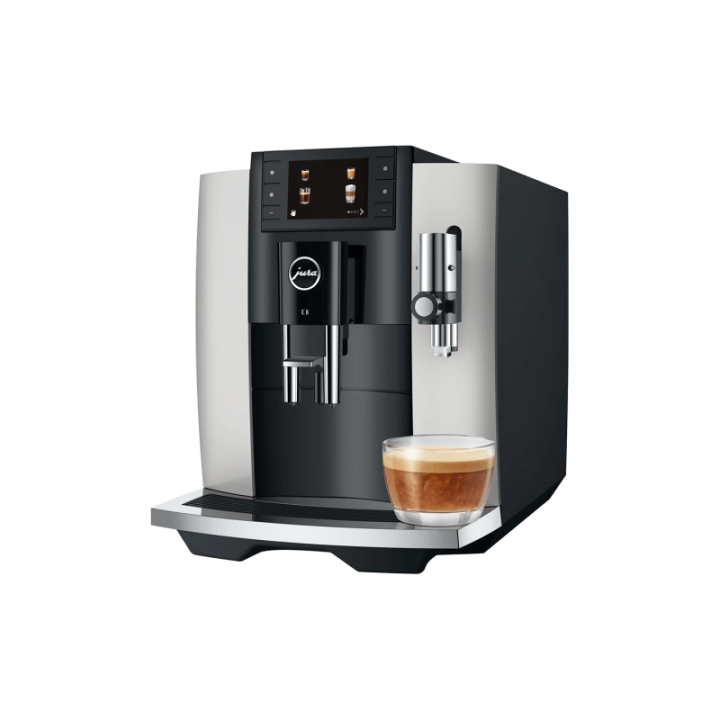 Jura E8 (EC) Platin Espressomaskine Inkl. Startpakke (DK sprog), Mælkebeholder, 3kg Rigtig Kaffe Super Crema & Pleje